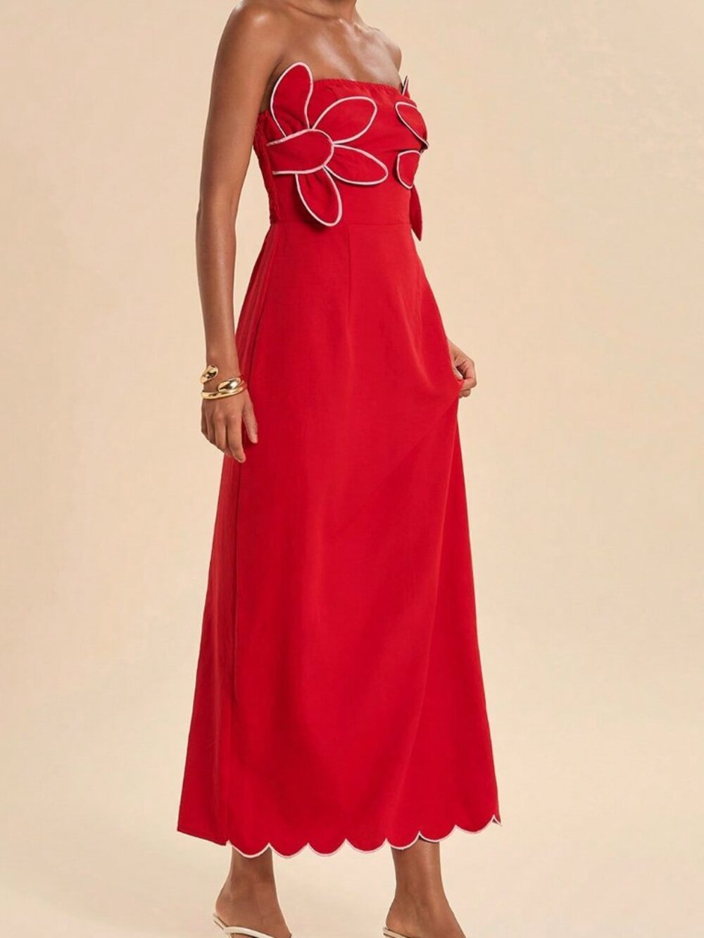 Red Casual Women's Floral Mid-Length Strapless Dress - Picture 5 of 7
